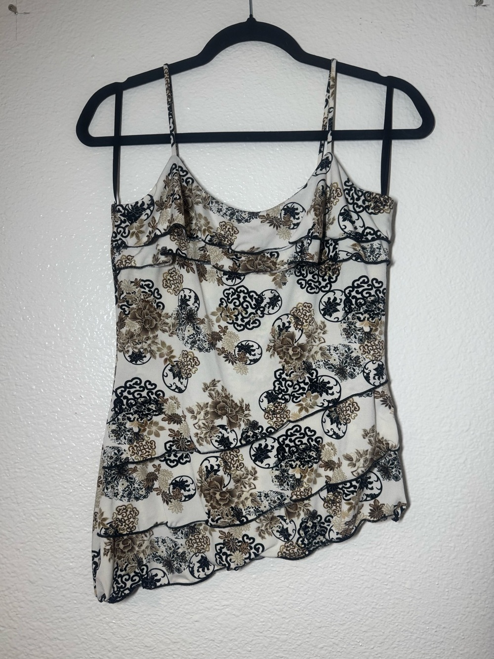 Women's Cream Floral Ruffled asymmetrical hem Cami Top